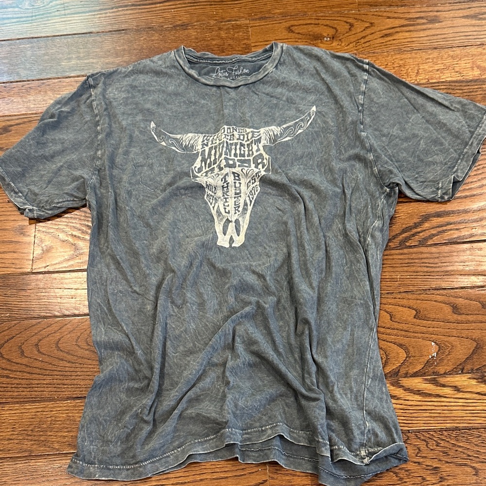 Acid Wash Graphic Tee with Bull Design